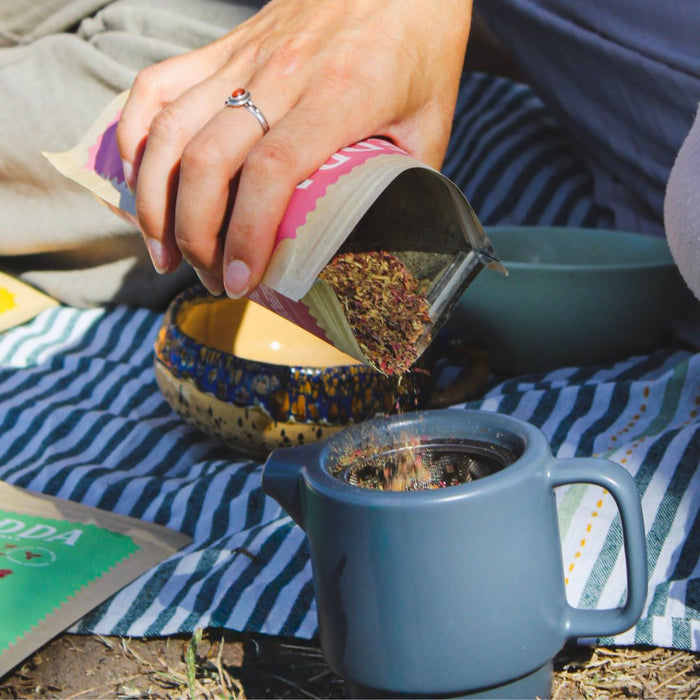 A person's hands pouring loose-leaf tea from a pink and white bag into a small blue teapot placed on a striped blanket outdoors.