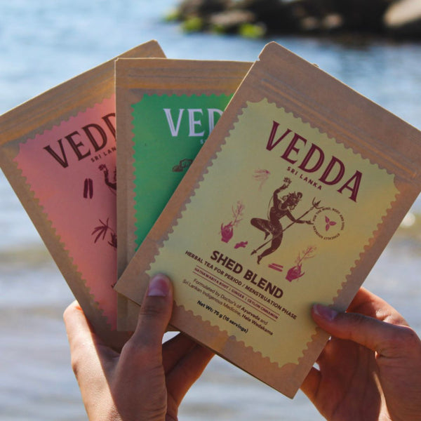 VEDDA Cycle Bundle box with Bloom, Shed, and Root herbal tea pouches