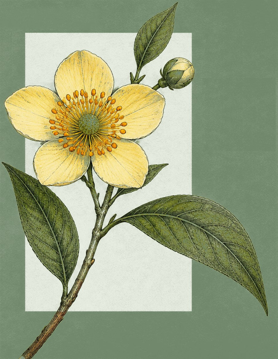 Botanical illustration of the Namal flower (Na tree) with yellow petals and orange stamens on sage green