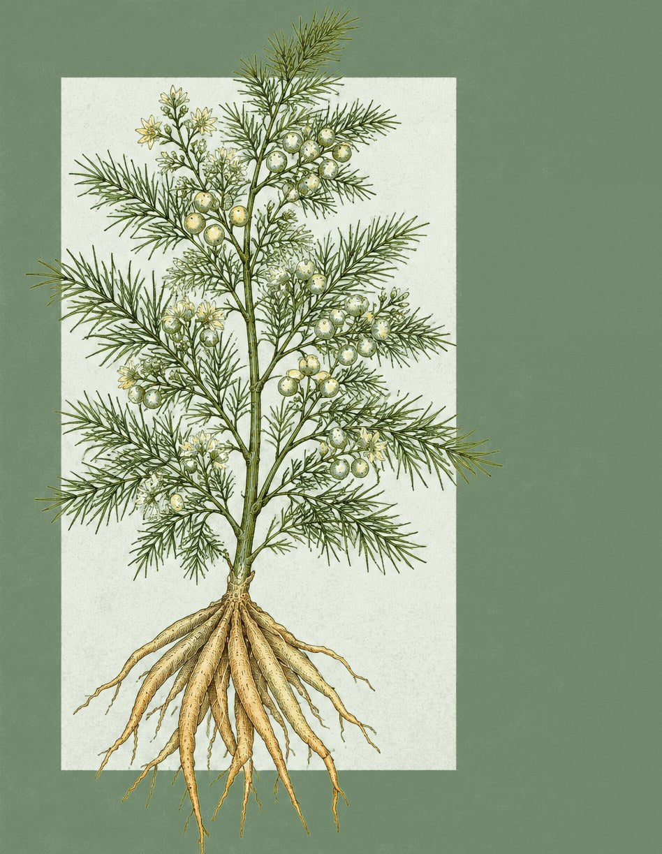 Botanical illustration of the Shatavari plant with feathery leaves, small berries and long roots on sage green