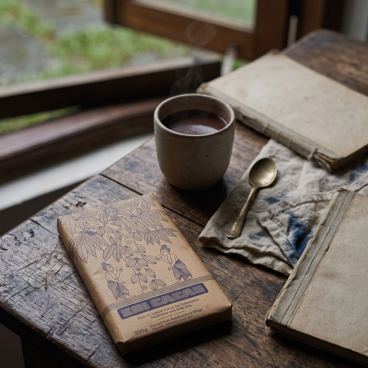 A styled tabletop scene with a ceramic cup of tea, an open book, a spoon, and a packaged product wrapped in brown paper with printed illustrations. The setting is indoors by a window with visible outdoor greenery, creating a real environment context.